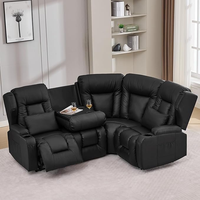Loveseat Recliner SofaRV Wall Hugger Recliners for Small SpacesReclining Loveseat Sofa Recliner with Cup Holders/Lumbar PillowsRV Furniture (PU Black Loveseat with Corner Sofa)