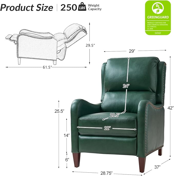 HULALA HOME Genuine Leather Recliner Chair Modern Push Back Recliner Armchair with Thick Seat Backrest &amp Footrest Nailhead Decor for Living Room Bedroom Green
