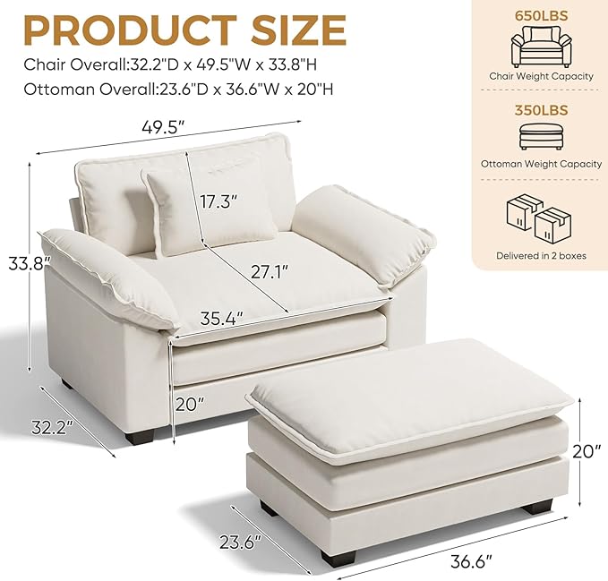 HUSFU Oversized Accent Chair with Ottoman Cloud Couch Chair with Deep Seat and Extra Wide Armrests Comfy Reading Armchair for Bedroom Living Room Set of 2 Beige