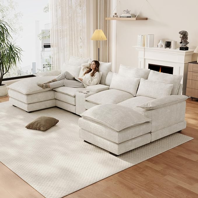 OUYESSIR 135 U Shaped Sectional Cloud CouchBeige Sectional Couches for Living RoomComfy Fluffy Chenille Oversized Cloud CouchModular Sectional Sofa with Central Console &amp Double Chaise Lounge