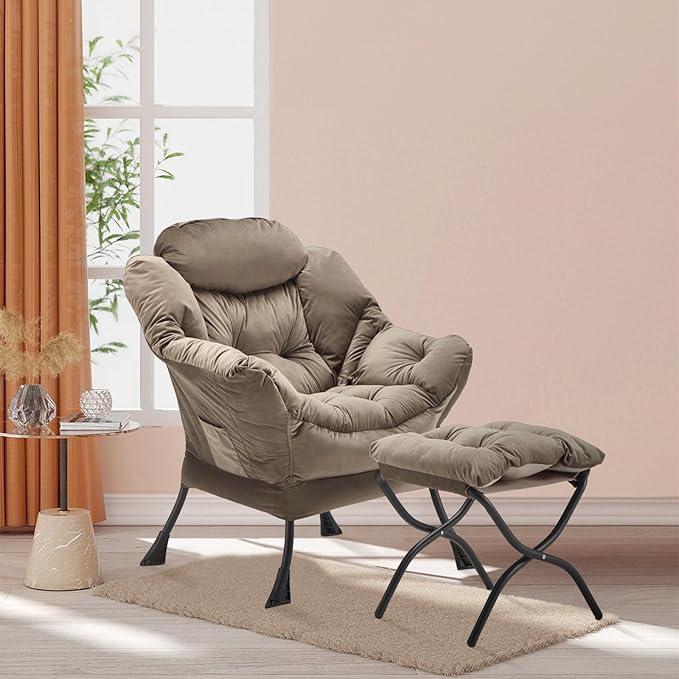 Lazy Chair with Folding Ottoman Accent Chair Velvet Upholstered with Metal Structure and Non-Slip Pads Sofa Armchair with Footrest and Side Storage Bag for Dorm Room Office Dark Gray