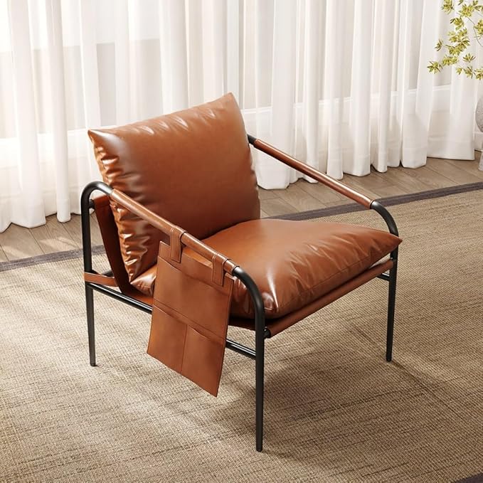 homary Brown Leather Accent Chair for Living Room Modern Armchair with Metal Frame Padded Arms Side Pockets &amp Soft Supportive Cushion Comfortable Reading Chair for Bedroom or Office