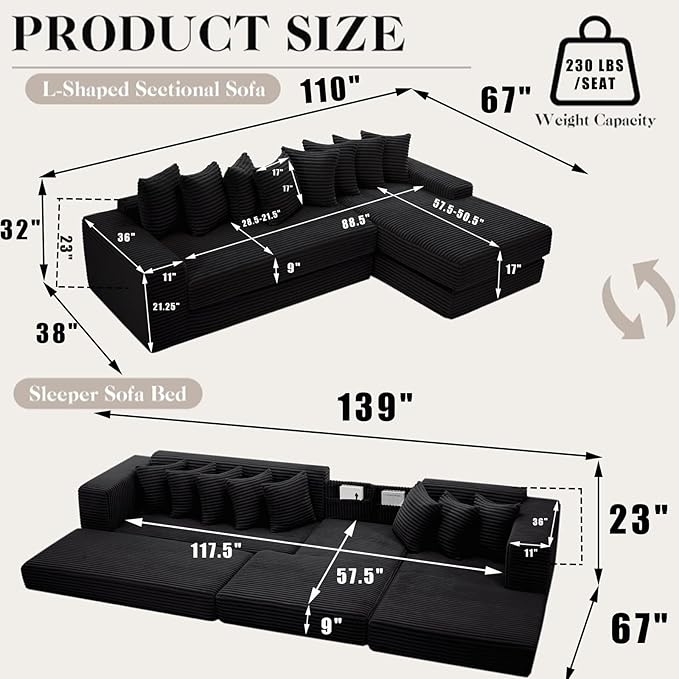 110 L-Shaped Modular Sectional Sofa with Chaise Lounge Corduroy Oversized Convertible Floor Sleeper Sofa Bed with 8 Pillows Modern Deep Seat Boneless Couches (Black 110 + Right Chaise)