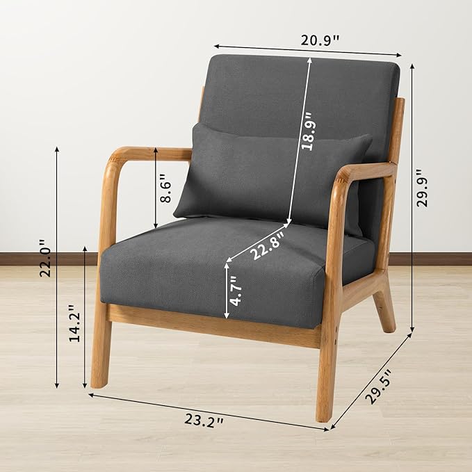Mid-Century Modern Linen Accent Chair with Solid Wood Arms for Living Room