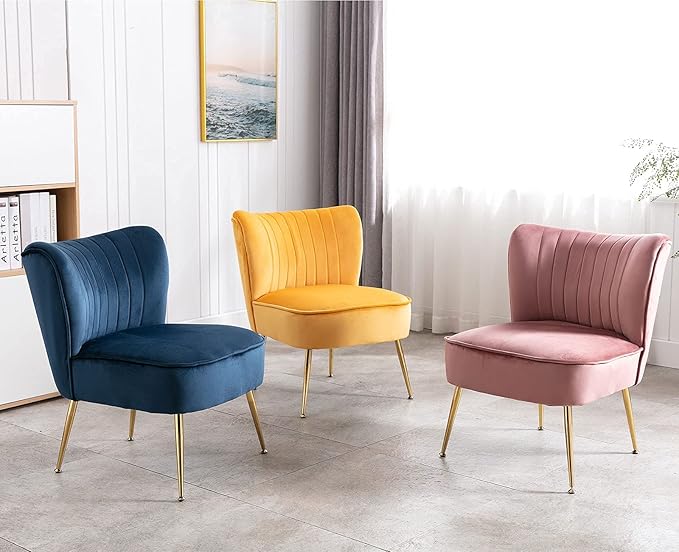 Yellow Velvet Accent Chairs Set of 2 with Golden Legs Upholstered Side Chairs Mid-Century Modern Slipper Chairs for Guest Room Comfy Armless Wingback Corner Single Sofa Living Room Chairs