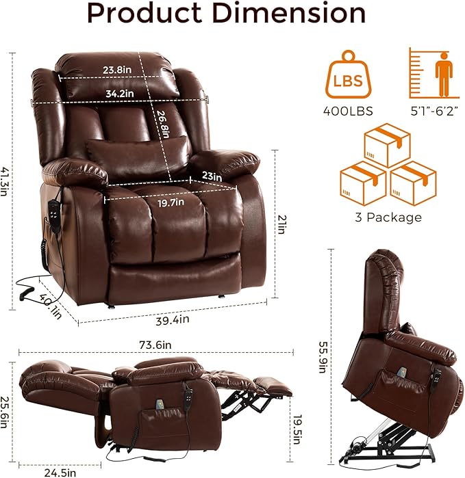 Power Lift Recliner Chair with 8-Point Massage &amp Heat Dual Remote USB/Type-C Ports Easy-Clean Leather Width 19.7 (Leather Brown)