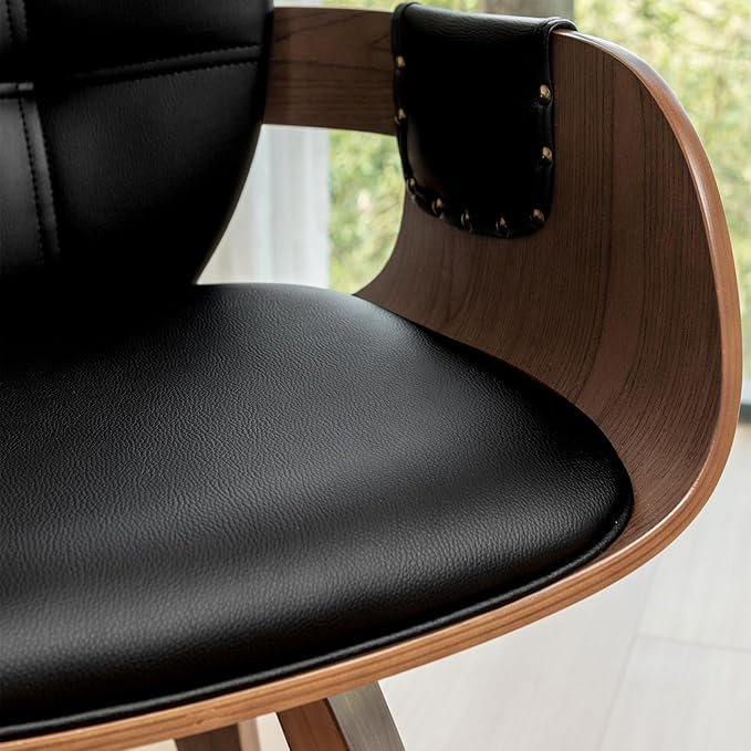 Set of 4 Mid Century Modern Chairs - Swivel Dining Chairs with Arms and Curved Back Faux Leather Reception Room Chairs Ideal for Kitchen/Living Room/Reception/Desk (Walnut Black)