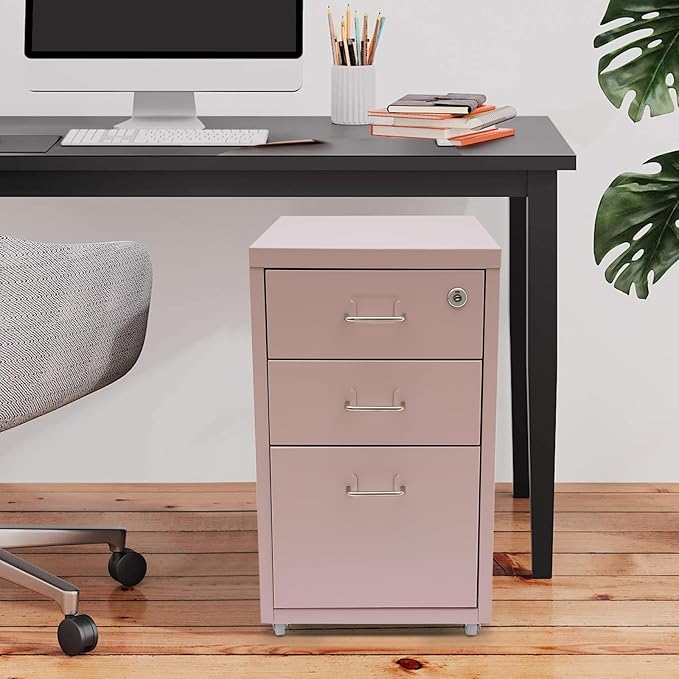 3 Shelf Metal File Cabinet Vertical File Cabinet Pink File Cabinet Freestanding File Storage Cabinet with Wheels for Office Study Bedroom