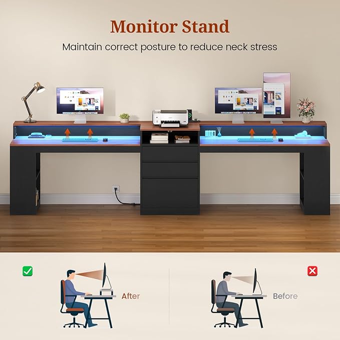 96.6 Long Computer Desk 2 Person Desk with LED Lights &amp Power Outlet Modern Two Person Gaming Desk with File Drawers Monitor Stand Printer Shelf ＆ Storage Double Table for Home Office Black