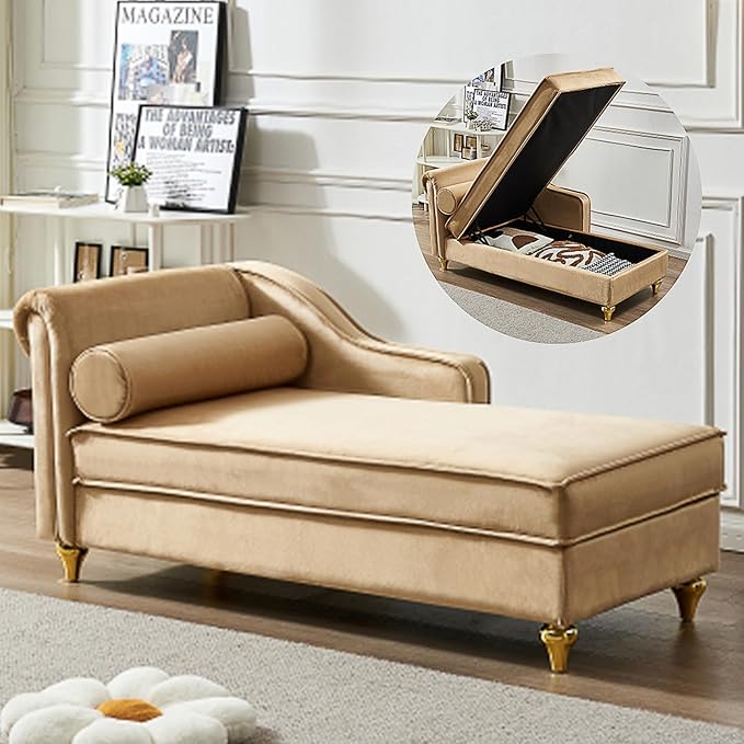 60.6 Modern Storage Chaise Lounge IndoorVelvet Upholstery Sofa Chair with1 Toss PillowsUpholstery Lounge Sofa with Gold Metal Legs for Small ApartmentLiving RoomOfficeReception AreaKhaki