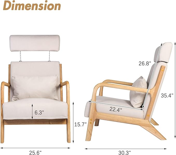 Mid Century Modern Living Room Chair Accent Chair with Extendable Headrest Single Sofa Chair Wood Frame Fabric Armchair Linen Reading Chair Upholstered Lounge Arm Chair (Beige)