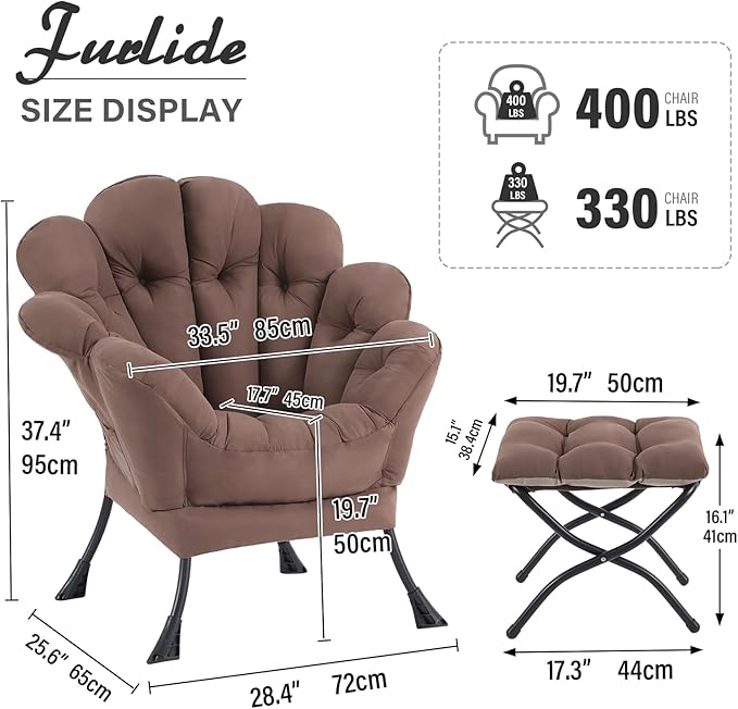 Lazy Chair with Ottoman Modern Floral Reading Chair with Folding Footrest Dark Brown Accent Chairs Comfortable Oversized Armchairs for Bedroom Living Room Courtyard