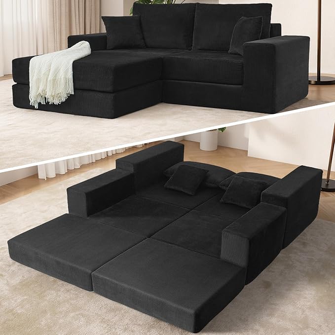 79.5 Sectional Boneless Modular L-shaped Couches for Living Room Small Spaces Convertible Oversized Sleeper Sofa Bed-Luxury 1.5 Full Bed. Corduroy Futon Floor Couch with Non-Slip Base Black.