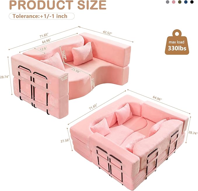 2-in-1 4 Seat Folding Sofa Bed with Pillow No Assembly Futon Twin Size Sofa Bed Breathable Velvet Convertible Couch Bed for Living Room and Guest Room 71.65 Inch Pink