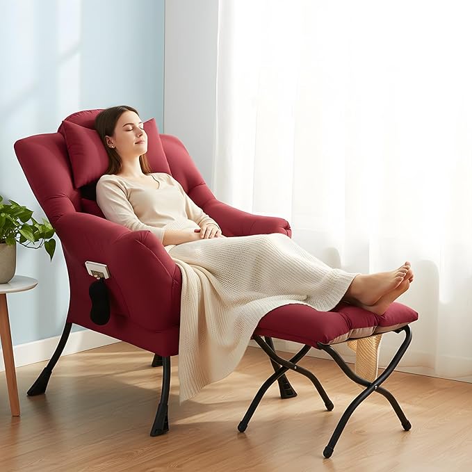 Lazy Chair with Ottoman Comfy Fabric Accent Lounge Armchair with Lumbar Pillow and Folding Footrest Reading Leisure Sofa Chair for Bedroom Living Room DormBurgundy