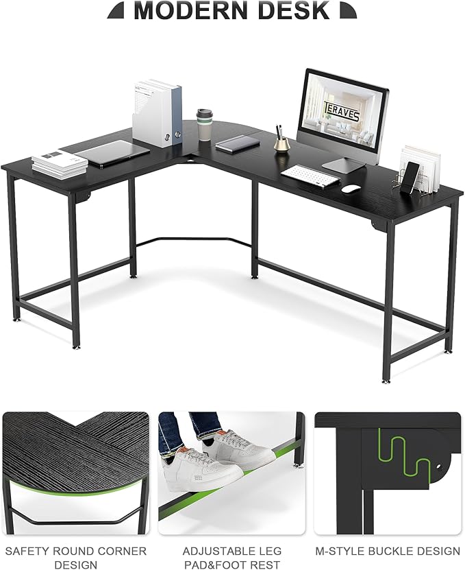 Teraves Modern L Shaped Gaming Desk 66'' Corner Computer Desk for Home Office Gaming Table Study Writing Workstation for Small Space Easy to Assemble