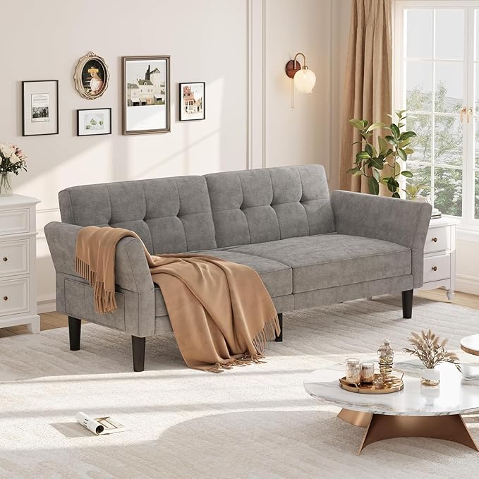 GarveeHome 89 Futon Sofa Bed Convertible Sleeper Sofa with Adjustable Backrest &amp Armrest Modern Futon Couch Bed Loveseat Sleeper for Living Room Bedroom Apartments Grey