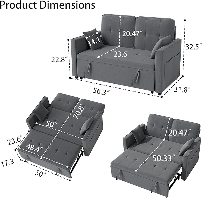 Pull Out Sofa Bed: 56 Grey 3 in 1 Convertible Sleeper Sofa Bed Velvet Loveseat Sleeper Couch with Storage Comfy Futon Couch Beds for Living Room | Velvet