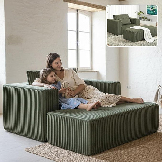51” Oversized Boneless Chair with Ottoman Big Comfy Accent Chairs with Ottoman for Living Room Cloud Chaise Lounge Chair Indoor Plush Pillows|Corduroy (Saga Green)