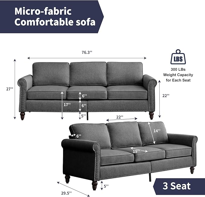 Sofa Couch 3 Seat Couches for Living Room 3 Sofa Seat for Small Spaces Mid Century Modern Couch with Armrest and Backrest Soft Cushion Sofa for Home/Office/Apartment - Dark Grey