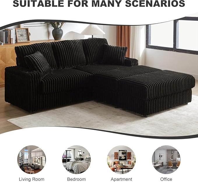 84Inch Corduroy 3-Seater Sofa with 3 Back Pillows2 toss Pillows a Ottoman2storage Spaces and Cup-Holding Grooves Comfy Sofa- Deep Seat Couch for Living RoomBlack