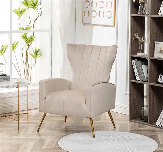 Modern Velvet Accent Chair Channel Tufted Bedroom Office or Living Room Furniture with Elegant Metal Legs 26 Wide Armchair Beige