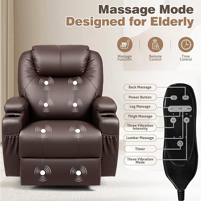 Recliner Chair 360° Swivel Rocker Chair for Adults Rocking Recliner Chair with Massage Comfy Single Sofa with Side Pockets Cup Holders for Living Room Bedroom Nursery (Leather Dark Brown)
