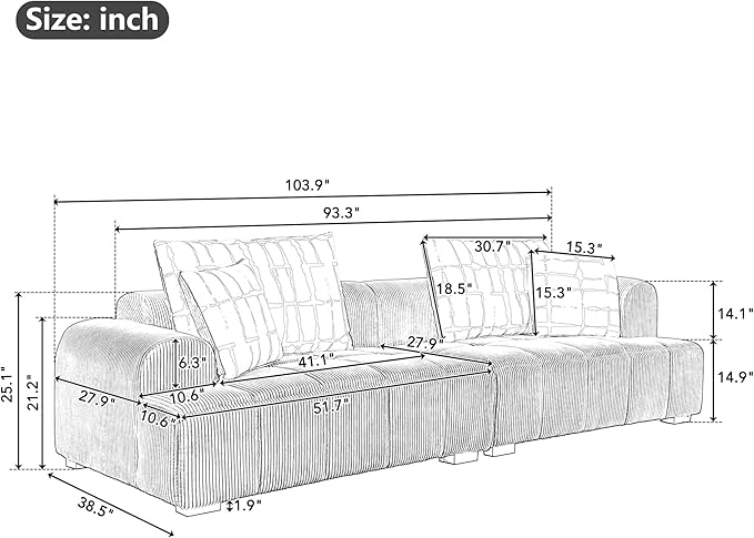 Modern Living Room Sofa Cozy Bedroom Couch 4 Pillows &amp Rubber Wood Legs Black