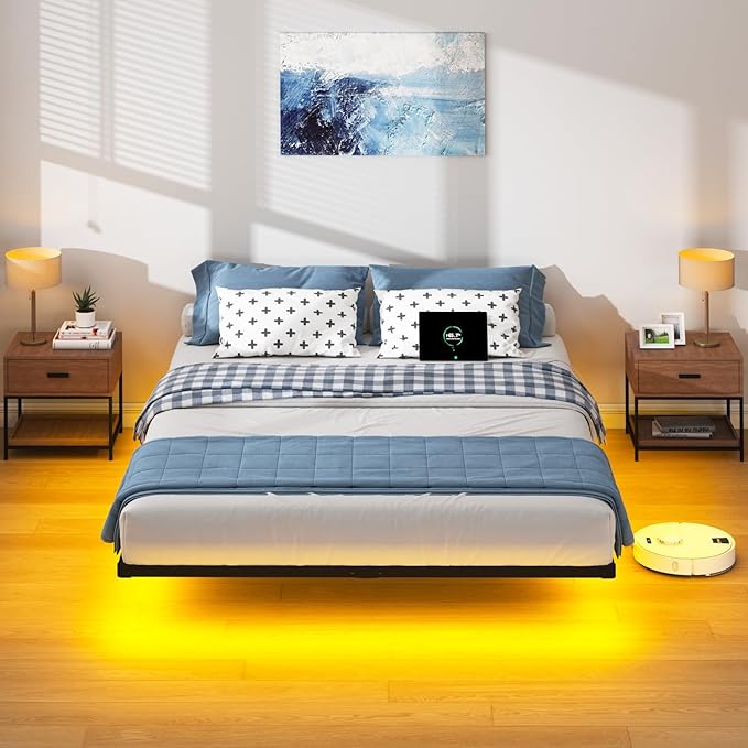 Queen Floating Bed Frame with LED Lights and Charging Station - 10 inch Platform Bed Frame No Box Spring Needed Easy Assembly