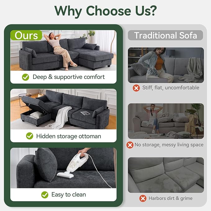 109'' Modular Sectional Sofa L Shaped Couch with Storage Ottoman Comfy Cloud Sofa with Deep Seat 4 Seat Convertible Sectional Couches for Living Room (Gray High Legs 3.15'')