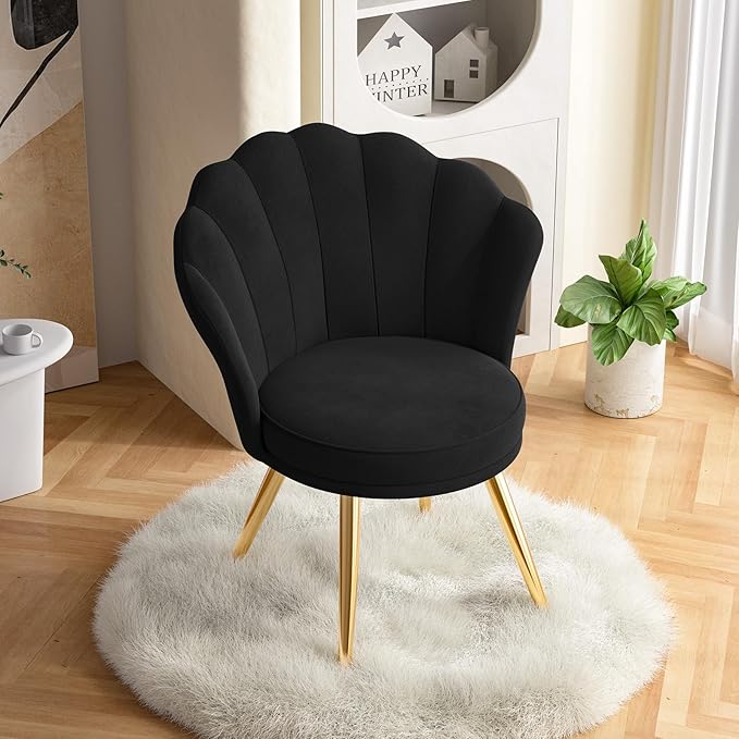 Velvet Accent Chair with Gold Metal Legs Vanity Chair for Makeup Room Upholstered Guest Chair for Living Room for Bedroom Black