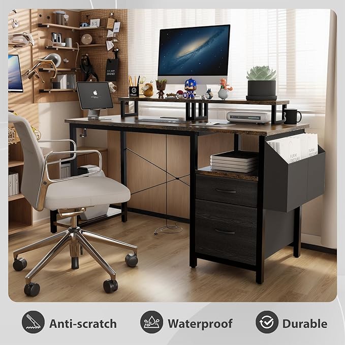 Computer Desk with File Drawers Cabinet 47 Inch Reversible Home Office Desks with Filing CabinetPower Outlet2 Monitor Stands for Small Space Gaming Study Writing Table PC Desks (Brown)