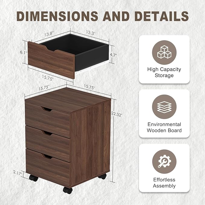 3 Drawer File Cabinet for Home Office 3-Drawer Vertical Filing Cabinet Rolling Wood Mobile File Cabinets Under Desk for Home Office with Casters (Brown)
