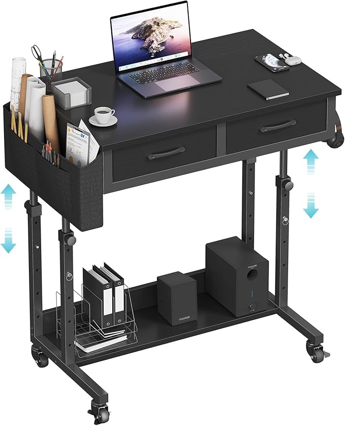 Small Portable Rolling Standing Desk - 32 Inch Adjustable Mobile Stand Up Gaming Desks with 2 Fabric Drawers on Wheels Couch Sofa Side Laptop Table with Storage for Home Office Black
