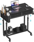 Small Portable Rolling Standing Desk - 32 Inch Adjustable Mobile Stand Up Gaming Desks with 2 Fabric Drawers on Wheels Couch Sofa Side Laptop Table with Storage for Home Office Black