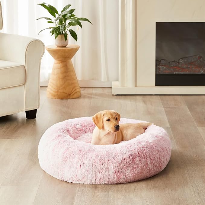 WNPETHOME Calming Dog Bed &amp Cat Bed Donut Faux Fur Self-Warming Donut Cuddler Comfortable Round Plush Pet Beds (27 x 27 x 8 Inch Light Pink)