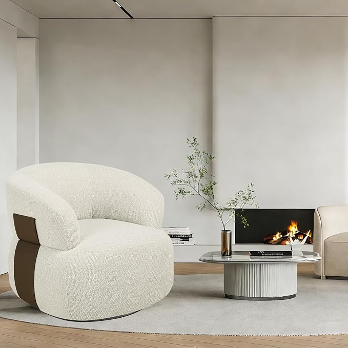 Swivel Barrel Accent Chairs-Modern Round Club Arm Chair Upholstered Living Room Armchair Single Sofa Seating Bedroom Side Reading Seat for Living Roon Office (Beige-Chenille 1*Seat)