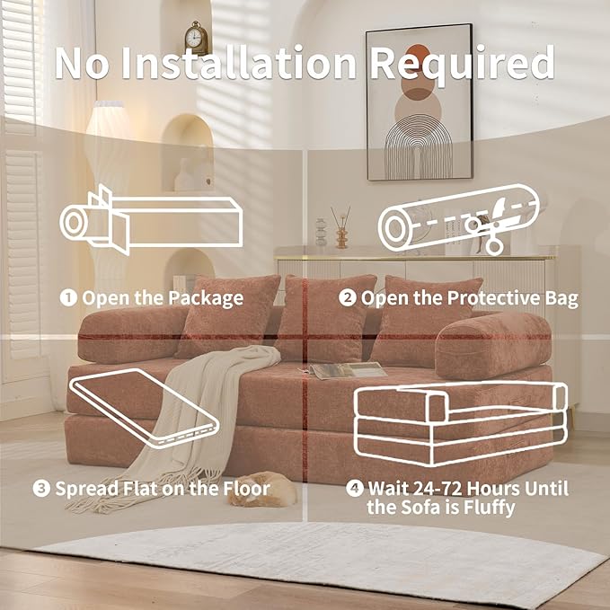 Convertible Sofa Bed 4-in-1 Floor Foldable Couch Bed with Armrests &amp Pillow Chenille Fabric No Assembly Required Comfy Memory Foam Couch Lounge Sofa for Living Room Orange