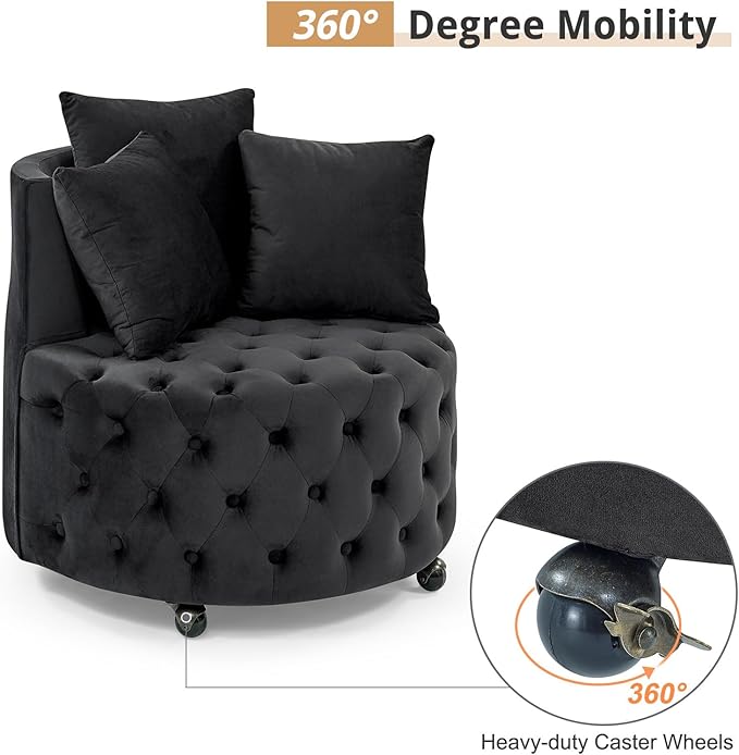 GNIXUU Swivel Barrel Accent Chair 30” Modern Velvet Round Swivel Chair with 3 Pillows and Wheels Comfy Tufted Single Club Sofa Lounge Chair for Living Room Bedroom(Black).