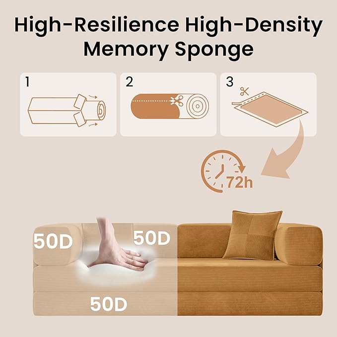 Belhome 78.8 Convertible Sofa Bed Futon Sofa Bed with Side Pocket Corduroy Pull Out Futon Sofa Boneless Couch for Living RoomsNo Assembly Required Yellow