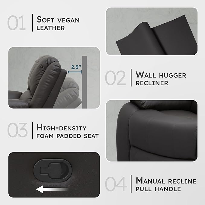 Lexicon Manual Recliner Sofa Chair Home Theater Seating Wall Hugger Manual Reclining Nursery Chair for Bedroom/Living Room/Office/Apartment Dark Brown Faux Leather