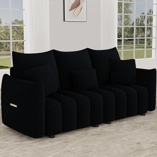 OUYESSIR Teddy Cloud Sofa Couch 81 Comfy Upholstered Sherpa Deep Seat Boucle Sofa Modern Cozy 3 Seater Couch with 3 Pillows Oversized Loveseat for Living Room Office Apartment Black