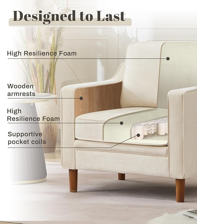 Kingfun Accent Chair Living Room Chairs Mid Century Reading Armchair Chenille with Solid Wood Foot Upholstered Modern Decor for Bedroom Apartment Beige
