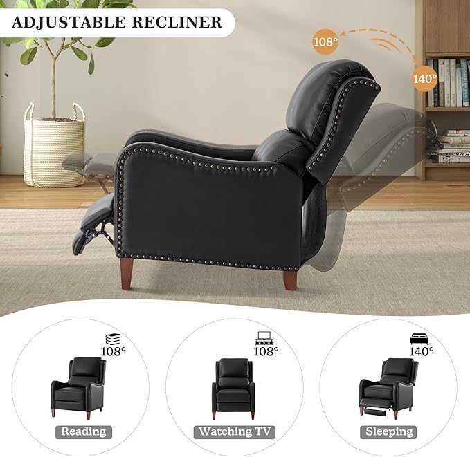 HULALA HOME Genuine Leather Recliner Chair Modern Push Back Recliner Armchair with Thick Seat Backrest &amp Footrest Nailhead Decor for Living Room Bedroom Black