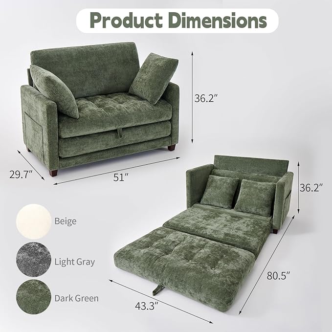 2-in-1 Convertible Loveseat Sofa Bed - Folding Pull-Out with Deep Seat 2 Pillows &amp Solid Steel Frame Loveseat Sleeper Sofa Bed for Small Spaces Apartment Living Room &amp Guest Room (Green Ch