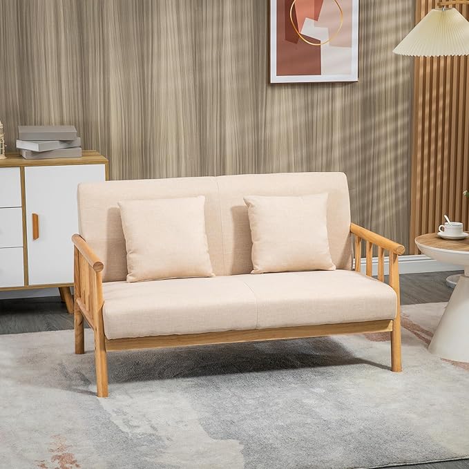 Modern Compact 48'' Loveseat with Linen Upholstery and Wood Legs Perfect for Bedroom Living Room Furniture (Beige)