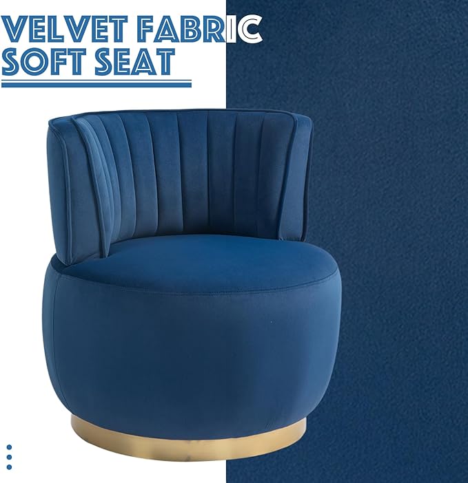 Swivel Barrel Chair Blue Velvet Modern Accent Chair Round Upholstered Comfy Side Chair Sherpa Chair with Gold Base for Nursery Living Room Bedroom Office Waiting Room Hotel Blue