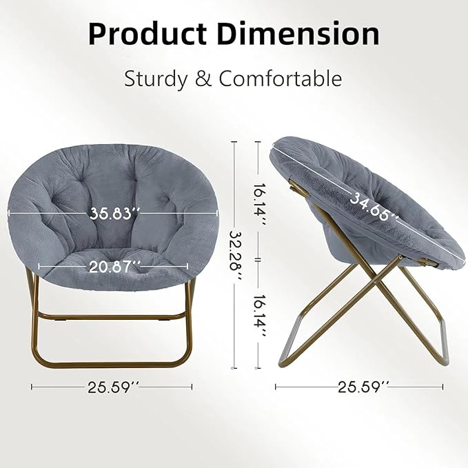 HealSmart Saucer Chair Comfy Faux Fur Folding Moon Chair with Metal Frame Cozy Round Chair Lounge Lazy Chair for Living Room Bedroom Adults Kids Teens Grey