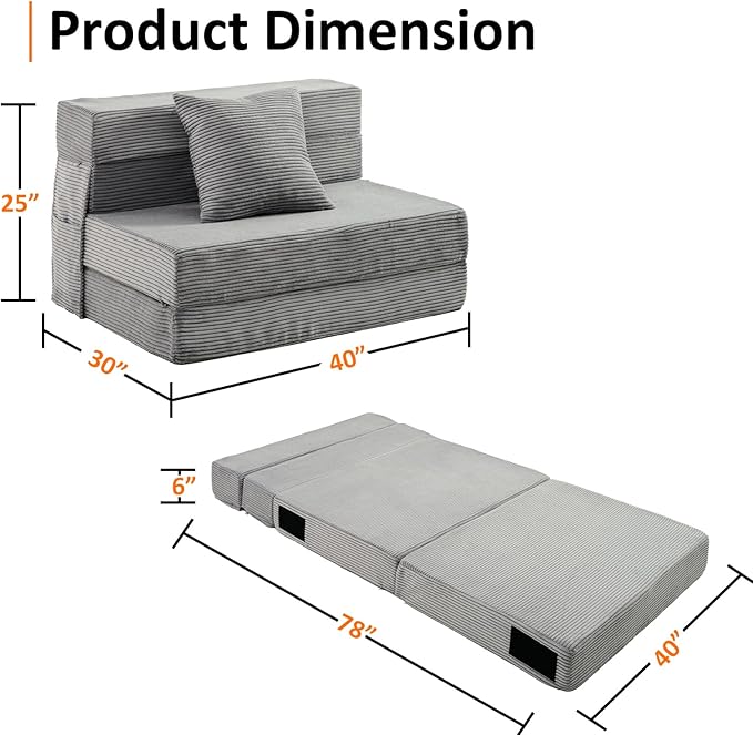 Twin Size Folding Sofa Bed - 4 in 1 Convertible Sleeper Chair with Pillow - High Density Memory Foam Futon Couch - Foldable Bed for or Living Room Bedroom (Dark Grey)