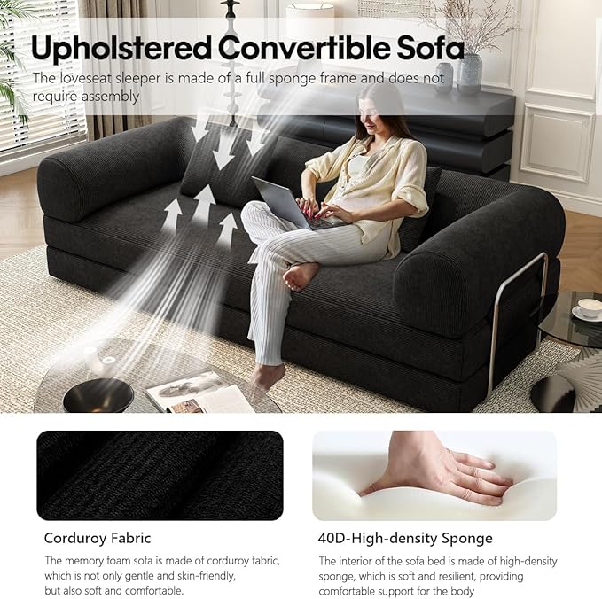 78.8 Modular Sofa Bed - 4-in-1 Convertible Design with Corduroy Fabric and High Density Sponge Removable Cover and Fixed Frame